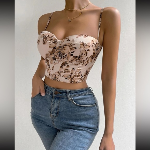 Boho floral print lace up back bustier corset tube satin top - Picture 13 of 16